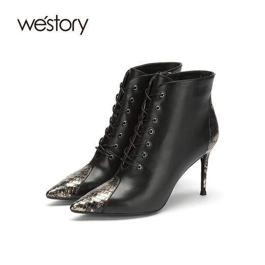 westory2020冬季新款真皮漆皮蛇纹系带中筒尖头细跟W20DS80351 商品图0