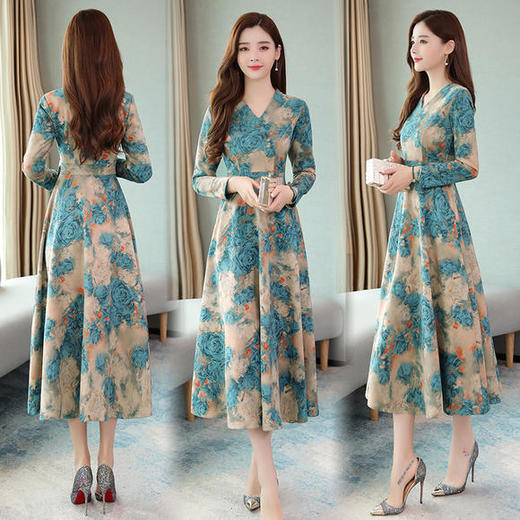 气质优雅，V领鹿皮绒大摆长裙AHM-xrxm751 商品图2