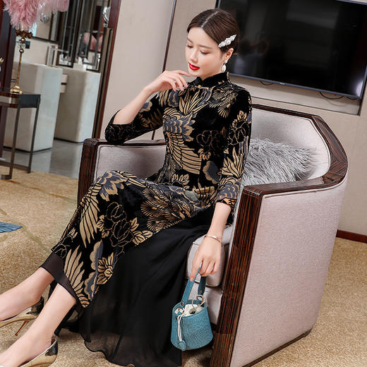 OG-99624冬天黑色长款裙子复古民族风收腰奥黛改良旗袍日常丝绒女装 商品图0