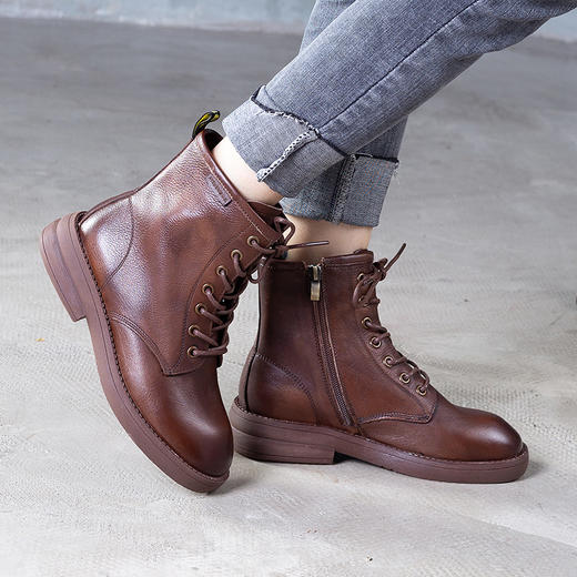 TNG-T57520-1女靴2020秋冬新款系带马丁靴头层牛皮短靴 商品图2