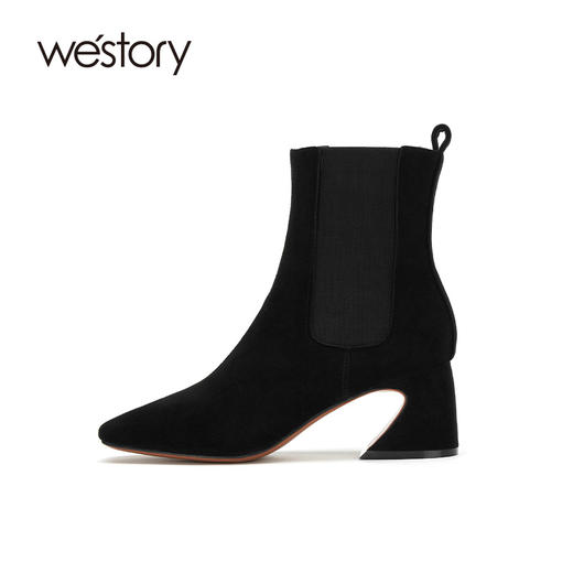 westory2020冬季新款真皮软皮圆头中筒高跟切尔西靴W20DS80141 商品图1