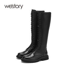westory2020早秋新品马丁靴女鞋平底牛皮革系带长靴W20DQ80171