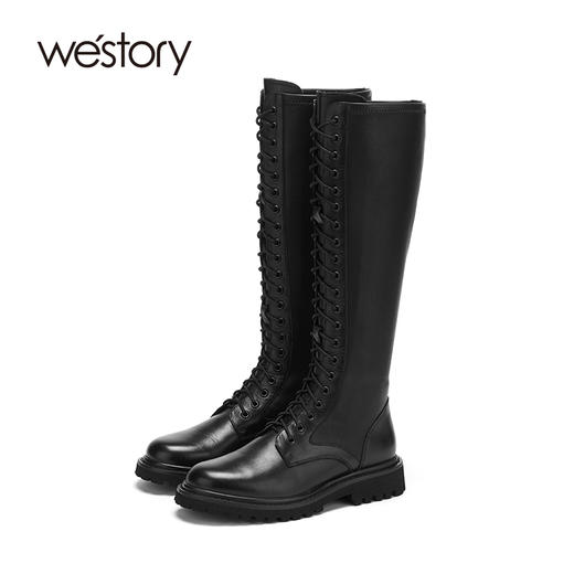 westory2020早秋新品马丁靴女鞋平底牛皮革系带长靴W20DQ80171 商品图0