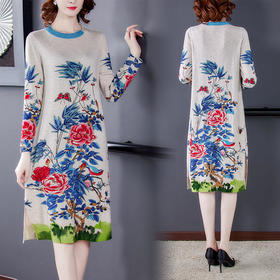 AHM-ym8169时尚过膝气质宽松印花毛衣裙