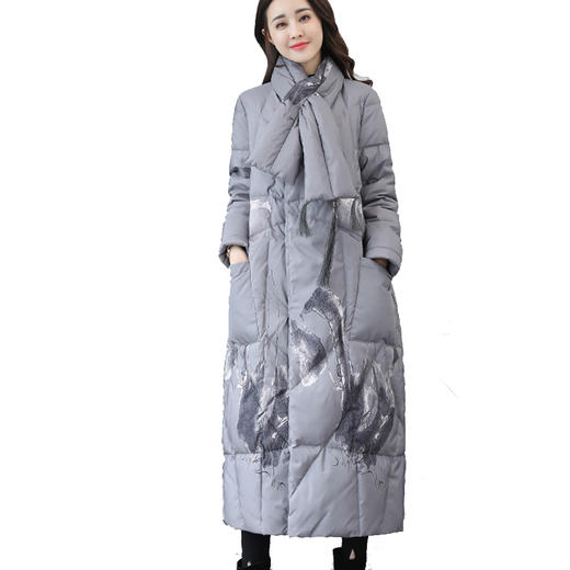 上海旗袍厂XJ-585942330889中国风复古文艺范羽绒服围脖茧型加厚女中长款过膝水墨画印花外套 商品图4