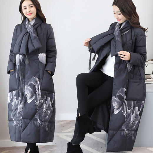 上海旗袍厂XJ-585942330889中国风复古文艺范羽绒服围脖茧型加厚女中长款过膝水墨画印花外套 商品图1