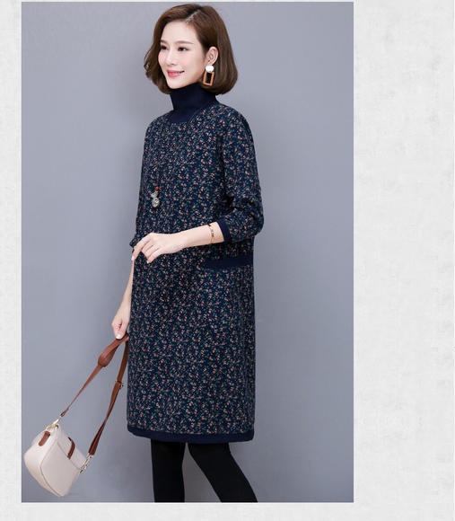 WZNH-WN99039加绒碎花高领复古民族印花百搭连衣裙 商品图1