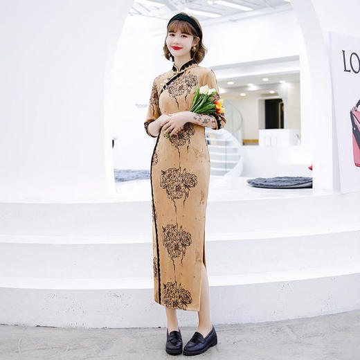 ZA-529秋新款复古优雅气质麂皮绒长旗袍 商品图4