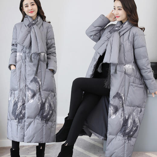 上海旗袍厂XJ-585942330889中国风复古文艺范羽绒服围脖茧型加厚女中长款过膝水墨画印花外套 商品图2