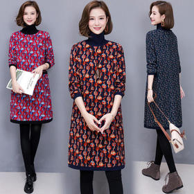 WZNH-WN99039加绒碎花高领复古民族印花百搭连衣裙