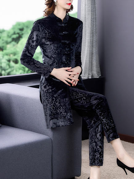 XTH-5999时尚印花金丝绒两件套新款妈妈气质女神范洋气套装 商品图1