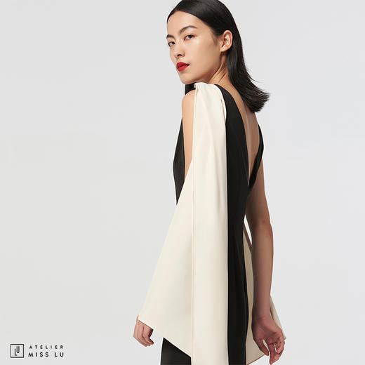 【流沙银河】AtelierMissLu设计师前后V领飘袖设计拼色连体阔腿裤/0000044A 商品图1