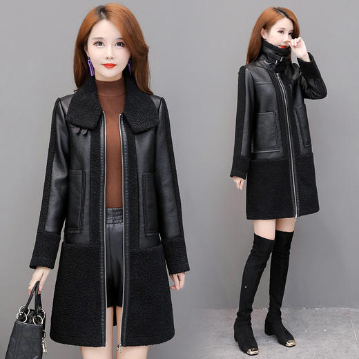 上海旗袍厂YWE-KFLD6801毛时尚pu皮衣外套女中长款2020秋冬装新款修身加绒加厚皮毛一体大衣 商品图1