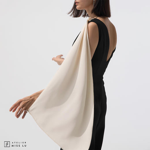 【流沙银河】AtelierMissLu设计师前后V领飘袖设计拼色连体阔腿裤/0000044A 商品图2