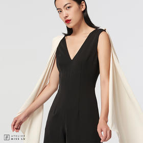 【流沙银河】AtelierMissLu设计师前后V领飘袖设计拼色连体阔腿裤/0000044A