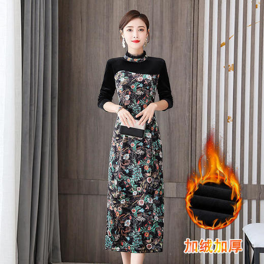 AHM-olz1583新款时尚气质优雅显瘦碎花金丝绒连衣裙 商品图2