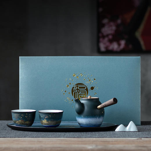 【粗陶侧把壶茶具一壶二杯小套装】居家日用干泡盘窑变功夫茶具礼盒 商品图1