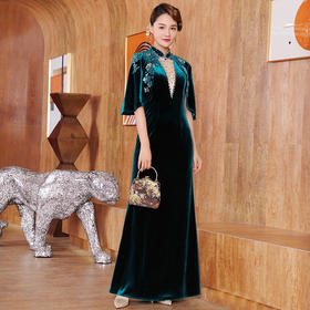 DLQ-A2634中国风旗袍改良版连衣裙秋冬丝绒款妈妈装长款