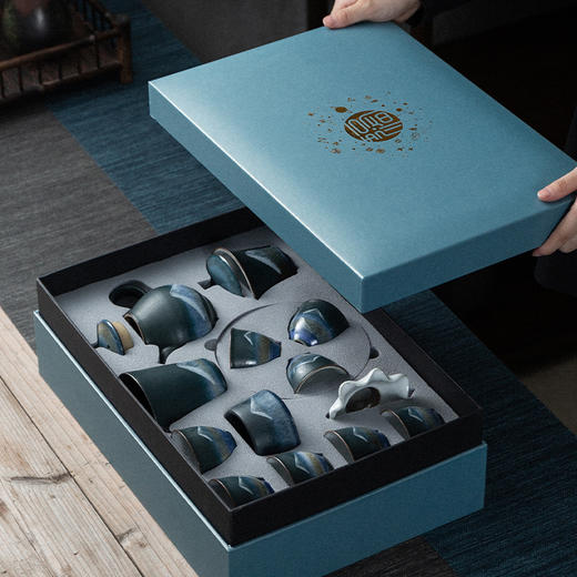 【墨瓷茶具套装家用复古礼盒装】手工窑变盖碗陶瓷居家日用整套 商品图1