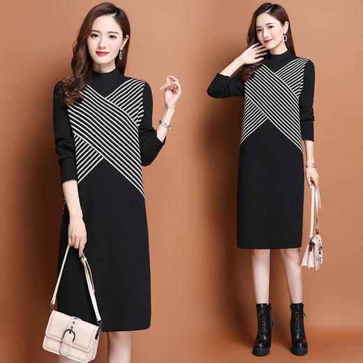 上海旗袍厂PY-60227   秋冬新款大码时尚宽松长袖条纹针织连衣裙中长款过膝打底裙 商品图0