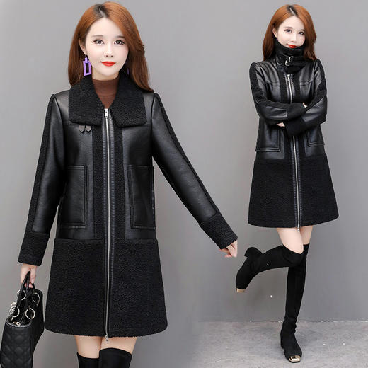 上海旗袍厂YWE-KFLD6801毛时尚pu皮衣外套女中长款2020秋冬装新款修身加绒加厚皮毛一体大衣 商品图0