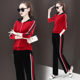 SP-SJG-96888-JZ新款时尚气质休闲金丝绒连帽上衣阔腿裤两件套