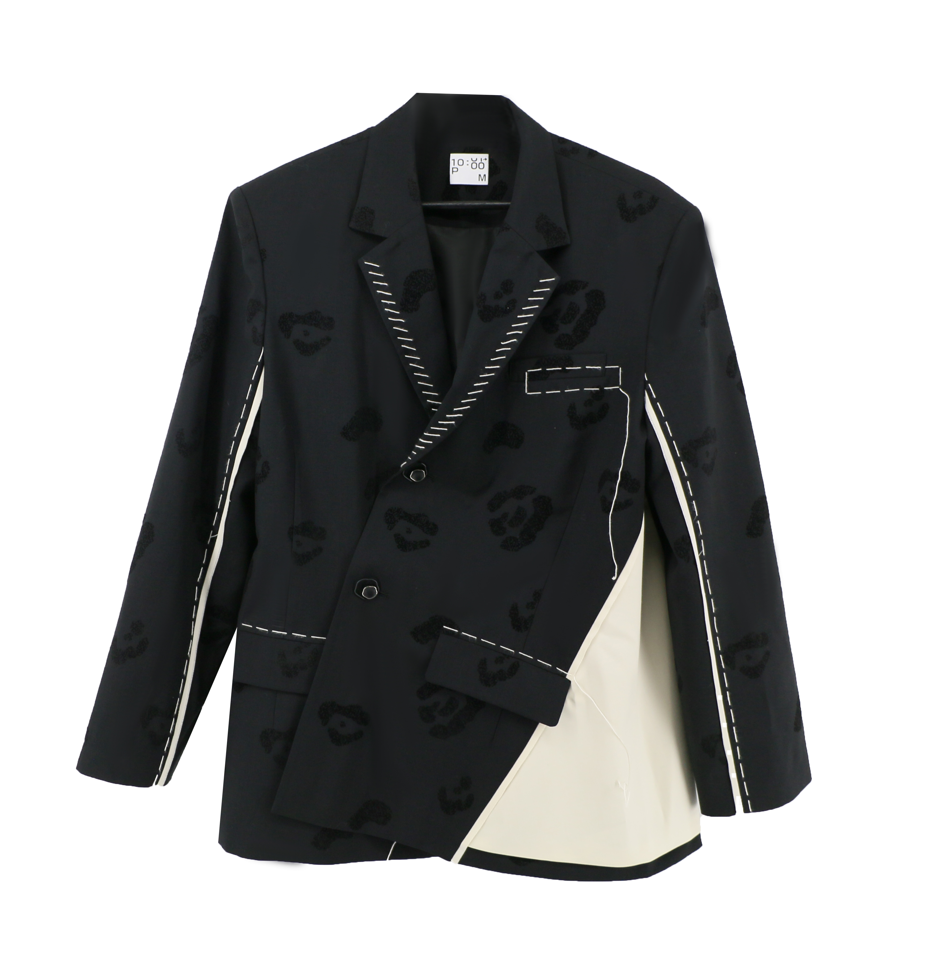 不对称提花西装-黑色米色拼接