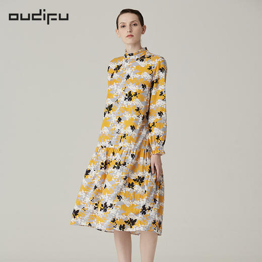 欧蒂芙oudifu莱赛尔天丝印花连衣裙女 ol4ds109