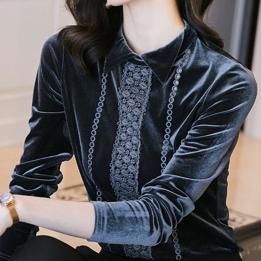 yt金丝绒上衣女2020秋冬新款时尚绣花简约翻领高端长袖内搭打底衫潮ol