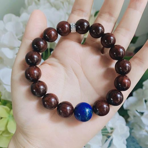 12mm 小叶紫檀手链 配青金石+银logo 定制款 商品图0