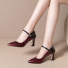 OLD-H2179百搭一字扣尖头高跟鞋酒红色牛皮中跟浅口单鞋 商品缩略图0