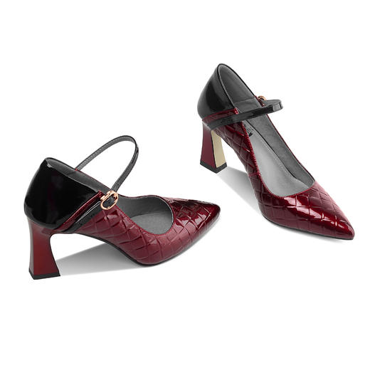 OLD-H2179百搭一字扣尖头高跟鞋酒红色牛皮中跟浅口单鞋 商品图4