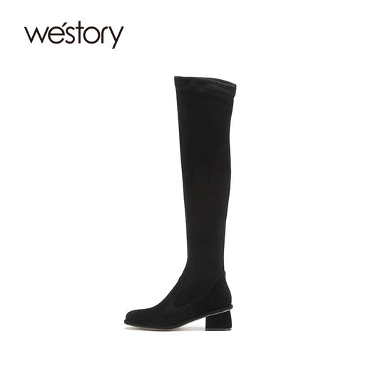 westory2020冬季新款真皮长靴粗跟圆头女靴子高跟靴W20DI80331 商品图2