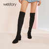 westory2020冬季新款真皮长靴粗跟圆头女靴子高跟靴W20DI80331 商品缩略图0