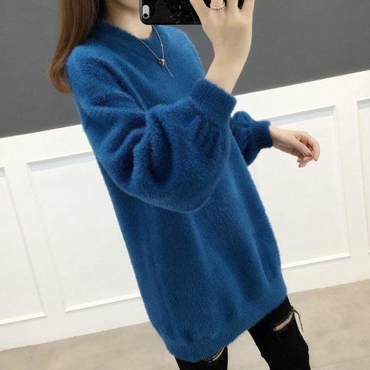 QR-3640韩版中长款加厚宽松慵懒风仿水貂绒女毛衣保暖针织打底衫 商品图0