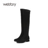 westory2020冬季新款真皮长靴粗跟圆头女靴子高跟靴W20DI80331 商品缩略图1
