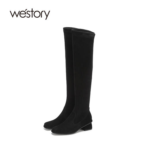 westory2020冬季新款真皮长靴粗跟圆头女靴子高跟靴W20DI80331 商品图1