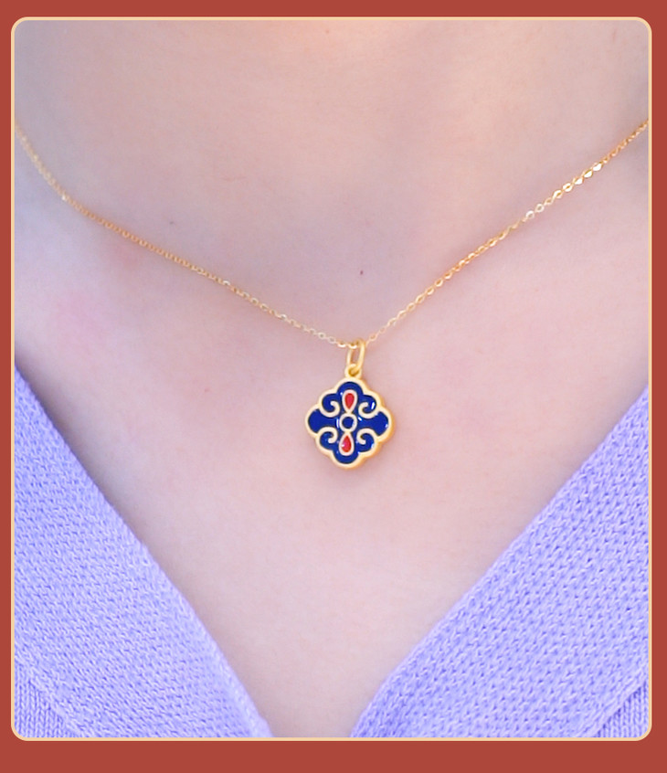 玺玥臻礼新品黄金古法手工烤蓝工艺足金999珐琅彩四方如意项链手链