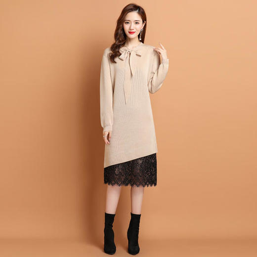 锦乐园019新款蕾丝拼接蝴蝶结针织打底裙 商品图1