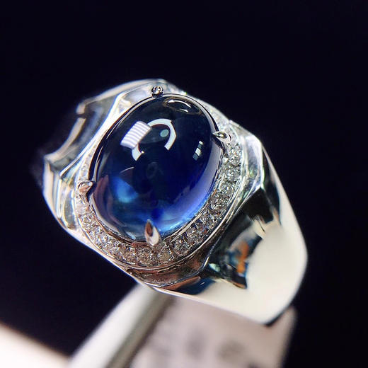 【素面蓝宝石男戒】18k金镶嵌钻石 主石:4.5克拉 钻石:28颗 总重:6.