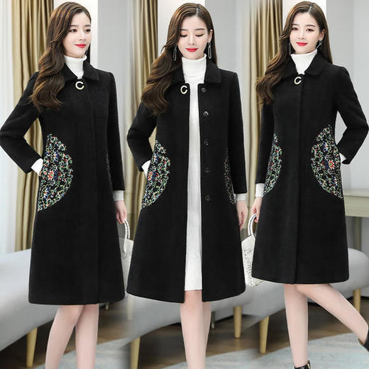 WZNH-HRYZ7173冬季修身中长款方领单排扣纯色刺绣呢子大衣 商品图1