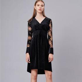 黑色进口蕾丝拼接高腰满天星丝绒针织连衣裙