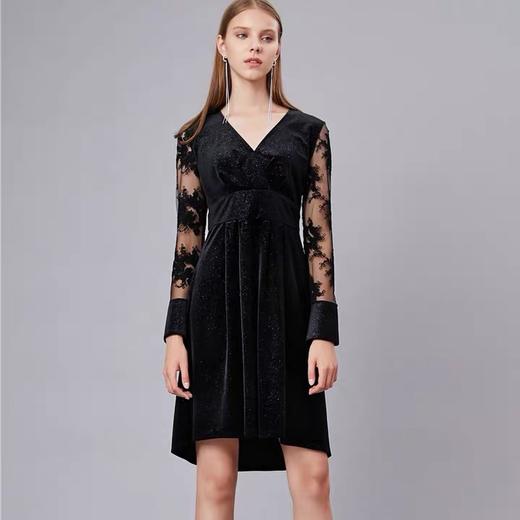 黑色进口蕾丝拼接高腰满天星丝绒针织连衣裙 商品图0