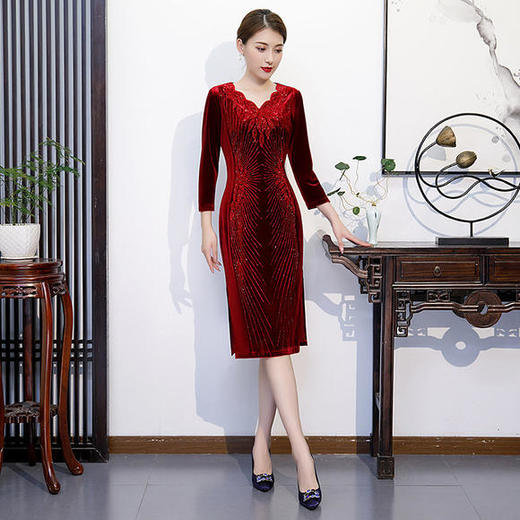 BJ-90秋冬新款韩国绒V领宴会礼服旗袍 商品图3