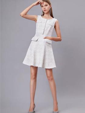 白色金丝混纺修身无袖连衣裙