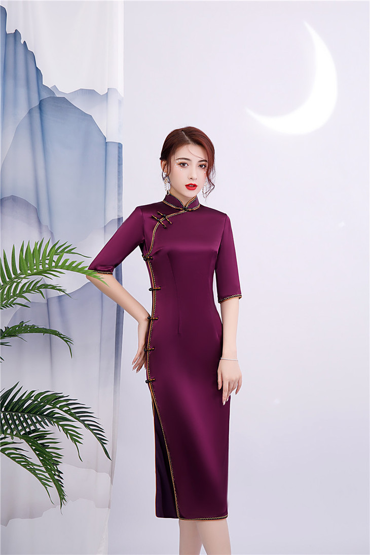 syk-609018 复古改良纯手工醋酸缎中长七分袖旗袍2020秋冬新款女士