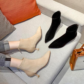 瘦瘦小跟短靴 英伦风绒面尖头女靴 优雅显瘦