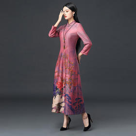 DNS-2047修身舒适长款长袖鹿皮绒加厚高档宴会旗袍