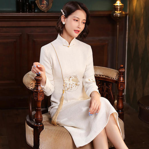 XGT-Q2411秋冬新款改良毛呢中长款旗袍裙 商品图0