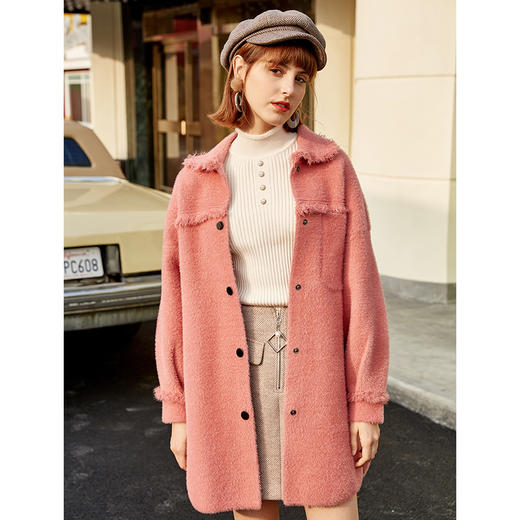 欧芮儿2020春装新款长袖宽松毛呢大衣女中长款仿貂绒毛织外套 商品图2